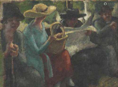 Figures on a bench, early 20th century French school oil, framed, 39cm x 28.5cm : For Further