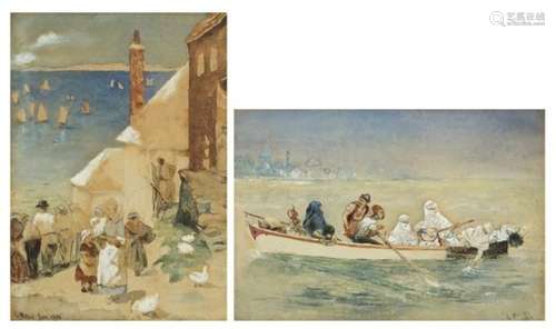 C G Miller - Arabs in a boat and figures beside water, two 19th century heightened watercolours,