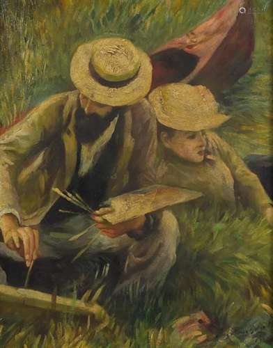 Artist and a female by water, French School oil on canvas, bearing an indistinct signature and