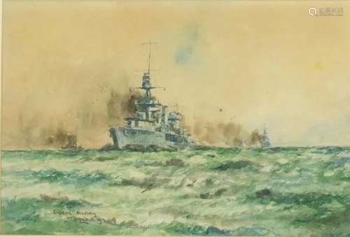 W M Birchall 1918 - Naval interest- Cruisers scouting, watercolour, battleships in full steam , 30cm