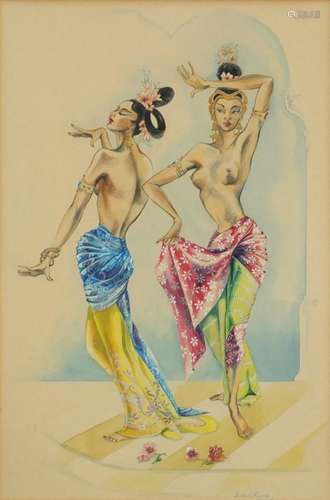 Barbara Rodgers - Erotic semi clad Balinese dancers, watercolour, 50cm x 32cm : For Further