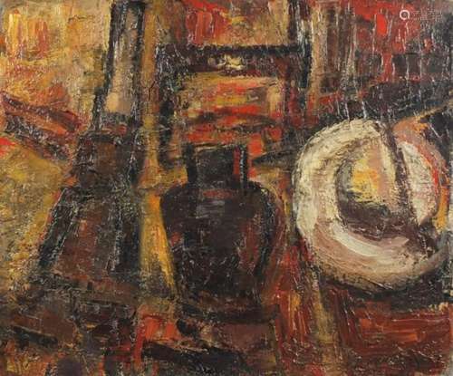 Manner of William MacTaggat - Abstract composition still life, oil on canvas, framed, 55cm x