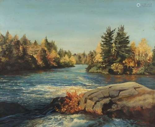 James Fowler - Canadian river scene, signed oil on board, inscribed verso, mounted and framed, 53.