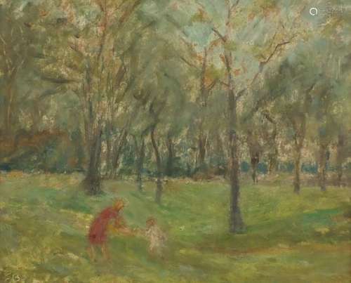 Figures in woods, oil on board, bearing a monogram EB, mounted and framed, 39.5cm x 32cm : For