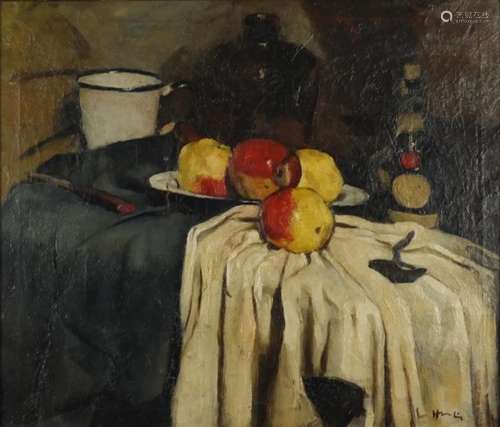 Still life items on a table top, oil on canvas, bearing an indistinct signature, framed, 57cm x 52.