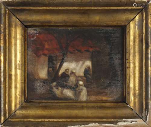 Figures seating around a campfire, Indian school oil on canvas laid on board, framed, 18cm x 13.