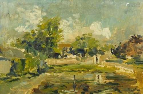 Village by water - Oil onto board, bearing a signature Dunlop, framed, 48cm x 31cm : For Further