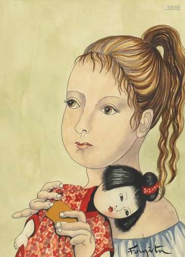 Manner of Leonard Tsuguharu Foujita - Young girl holding a doll, ink and watercolour, framed, 28cm x