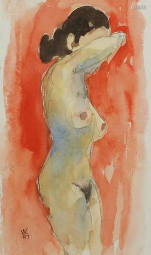 Valerie Knight - Standing nude female, watercolour, label verso, mounted and framed, 25.5cm x 16cm :