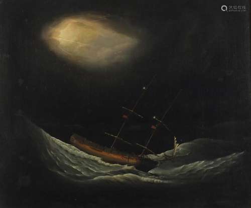 Ship on moonlit stormy seas, 19th century oil on canvas, framed, 74cm x 60.5cm : For Further