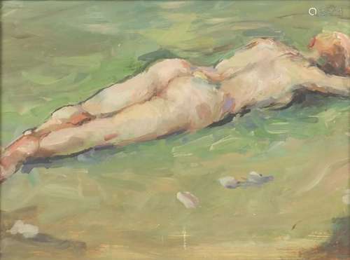 Nude female laying on a beach, impressionist oil on board, mounted and framed, 34.5cm x 25cm : For