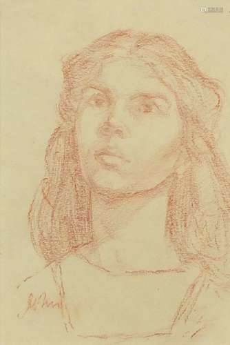 Manner of Gwen John - Head and shoulders portrait of a young female, sepia chalk drawing, mounted