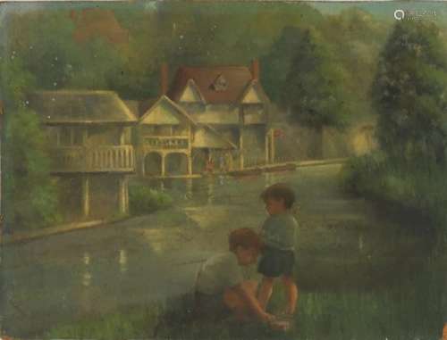 Young boys in shorts fishing beside river and houses, oil on canvas laid onto board, 38cm x 29cm :