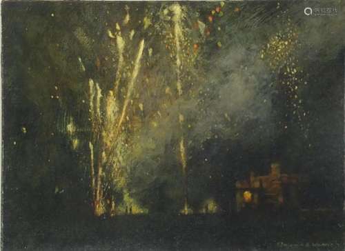 Benjamin R Warner - Firework display, oil on board, mounted and framed, 27cm x 19.5cm : For