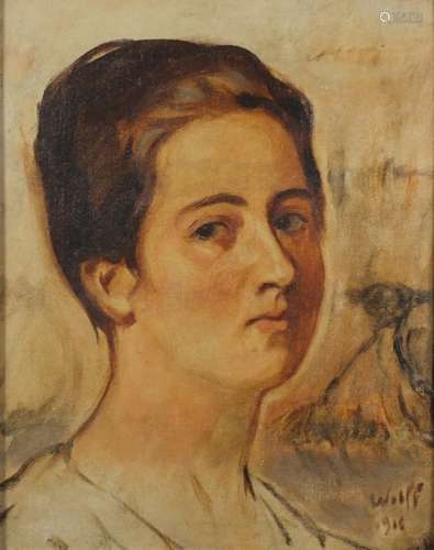 Head and shoulders portrait of a young female, oil onto board, bearing a signature Wilff, framed,