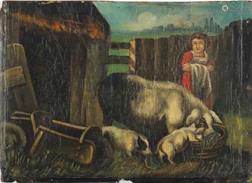 Farm lady with pigs, 18th century primitive oil on wood panel, unframed, 26.5cm x 19.5cm : For