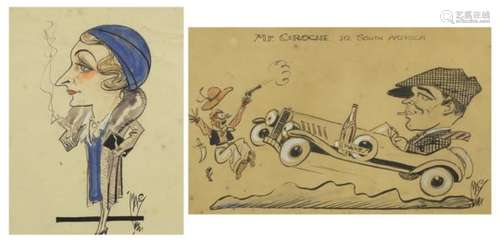 Mac -Mr Grouche in South Africa cartoon and 1920's female smoking , two ink and watercolour