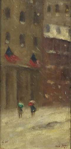 New York snowy street scene, oil on board, bearing a monogram GW, framed, 34.5cm x 17cm : For