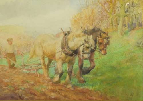 Horses ploughing, watercolour, bearing a monogram KW, mounted and framed, 24.5cm x 17cm : For