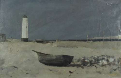 Coastal scene with moored boats and a lighthouse, oil on canvas, bearing an indistinct signature,