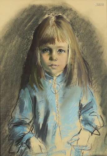 Portrait of a young girl in a blue dress, English school pastel and chalk, framed, 50cm x 34.5cm :