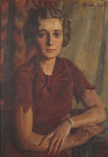 Goldberg - Portrait of a female in a burgundy dress, oil on canvas, framed, 76cm x 53cm : For