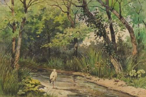 Georges Gassies - Stork beside a river and trees, watercolour, mounted, unframed, 39cm x 27cm :