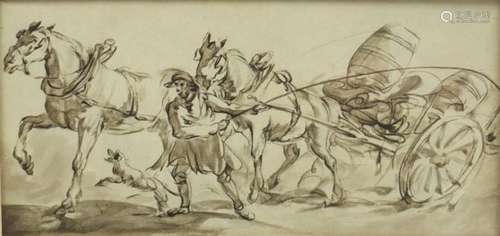 Horse drawn cart, 18th century old master ink and wash, mounted and framed, 21cm x 10cm : For