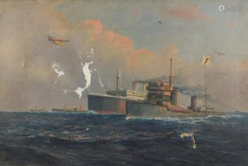 D Sherrin - Vessels in water with military aircraft, oil onto canvas, framed, 90.5cm x 60.5cm :