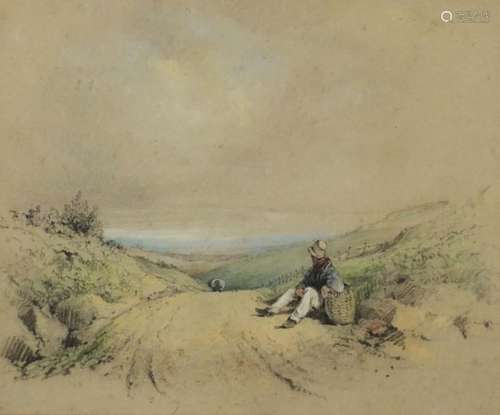 Victorian pastel, pencil and chalk drawing of a farmer seated beside a lane and hills in the