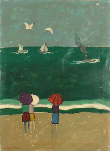 Figures looking out to sea, oil on canvas, bearing a signature Cassigneul and inscribed verso,