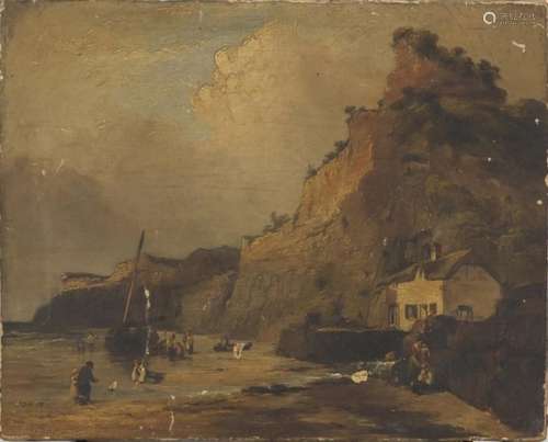 Victorian oil on canvas, fishing folk with children on the shore beside cottage and cliffs, 40cm x