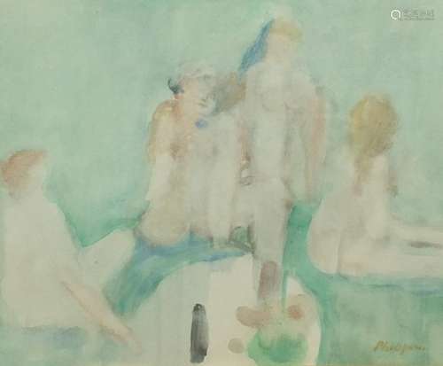 Figures bathing, watercolour, bearing an indistinct signature Philip ...?, mounted and framed,