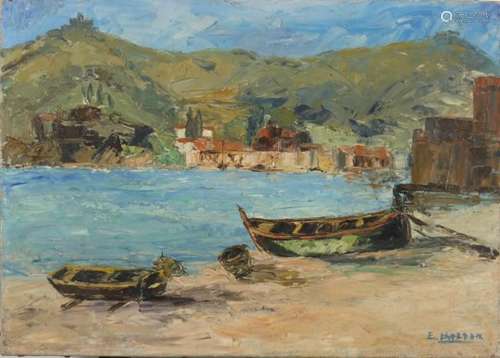 E Bardon - Abstract fishing village scene with mountains and hills in background, oil on canvas,