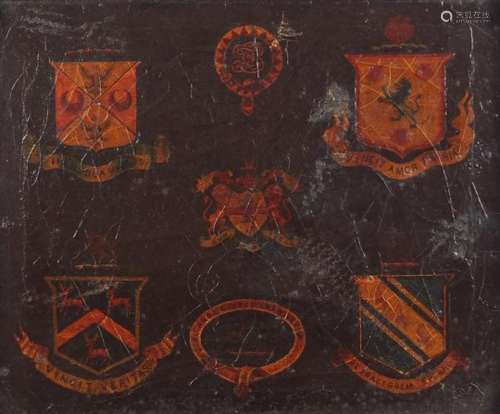 Heraldic crests, antique oil onto canvas, framed, 40cm x 33m : For Further Condition Reports