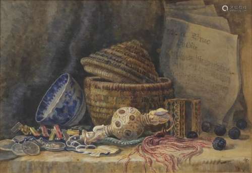 AMF ? 1888 - Well detailed Victorian watercolour of still life basket with Chinese tea bowl and