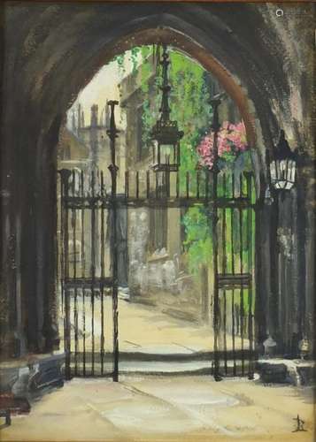 Abbey with wrought iron gate and lanterns, watercolour, initialled LB?, remains of paper label