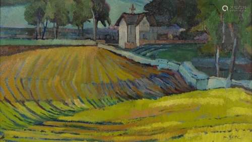 House in a landscape, oil on board, framed, 50cm x 28.5cm : For Further Condition Reports Please