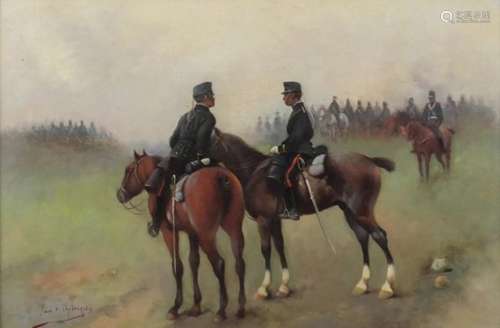 Manner of Jan V Chelminsky - Soldiers on horsebacks, Polish school oil on board, mounted and framed,