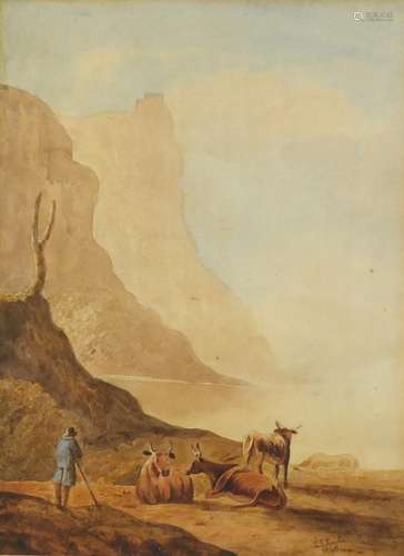 John Skinner-Prout 1848 - Shepherd with Cattle beside water, 19th century watercolour and wash, 30.