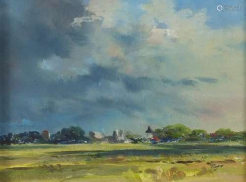 Norman Dinnage - Landscape with buildings in the distance, oil onto board, mounted and framed,