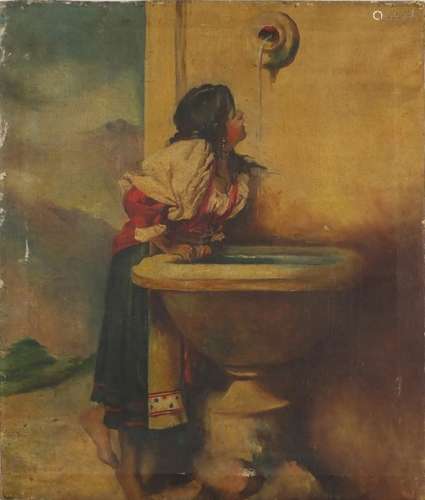 Continental school oil on canvas, young barefooted girl drinking at water fountain, 67cm x 56cm :