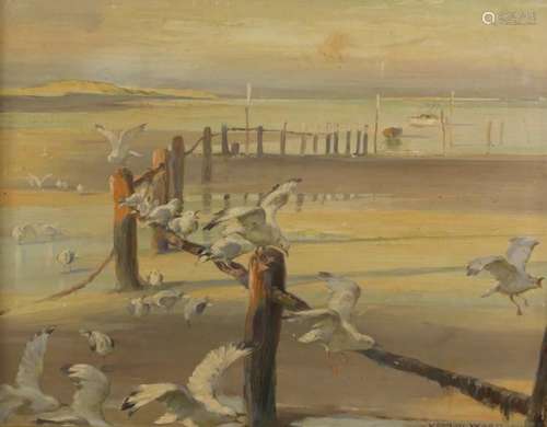 Vernon Ward 1933 - Beach scene with seagulls and moored boats, oil on board, label verso, framed,