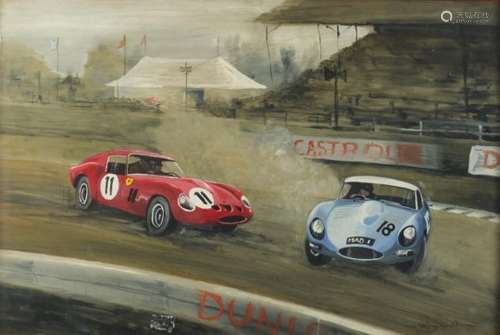 G A Pookson '63 - 1960's Jaguar racing cars on motor circuit, watercolour and gouache, 74cm x 50cm :