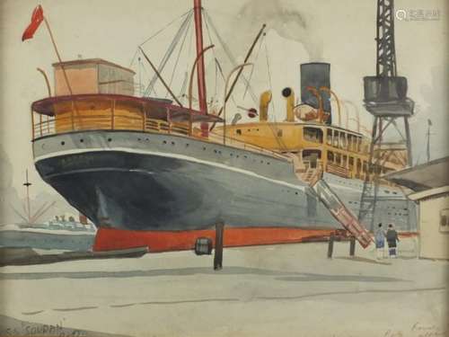 SS Soudain Royal Albert, maritime interest watercolour, Stacey Marks label verso, framed, 34.5cm x