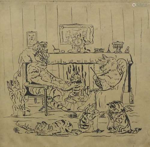 Manner of Louis Wain - Cats in an interior, framed, 25.5cm x 25.5cm : For Further Condition