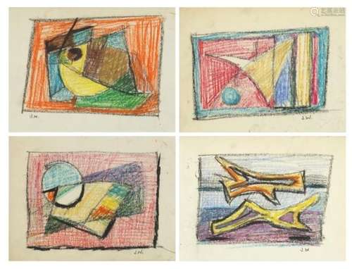 Attributed to John Wells - Abstract composition, four pastels, framed, each 24cm x 19cm : For