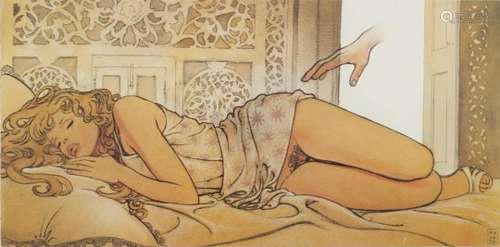 Milo Manara - Sleeping nude female, pencil signed print in colour, mounted and framed, 72cm x 37cm :