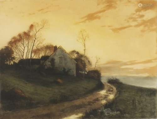 Henri Fourday - Rural lane, coloured etching with cottage, pencil numbered 316, Paris Joseph