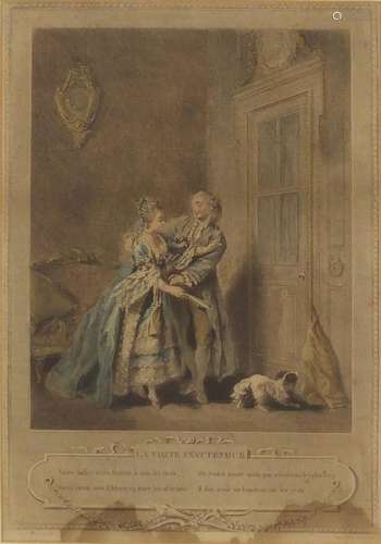 18th century French coloured print of a courting couple - La Visite Inattendue, Voyer L'aire Sculp